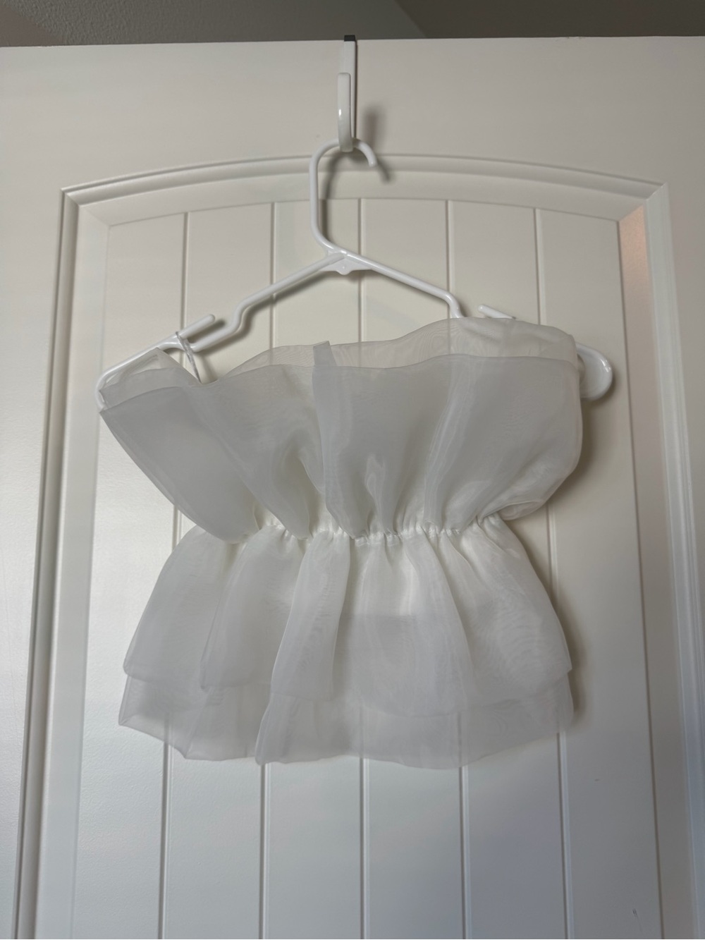 White Sheer Organza Ruffled Strapless Top